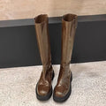 Round head chunky heel long tube knight boots in black, back zipper, microfiber upper, sizes 35-40