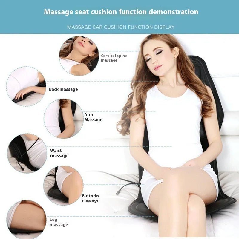 Black heating massage mat with infrared function and a separate seat cushion on a floor.