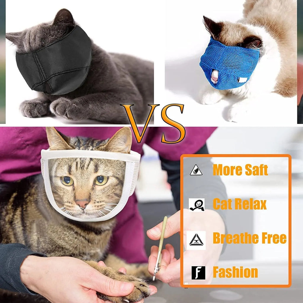 Transparent PVC and cotton anti-bite cat muzzle for grooming, with adjustable strap, available in S and M sizes