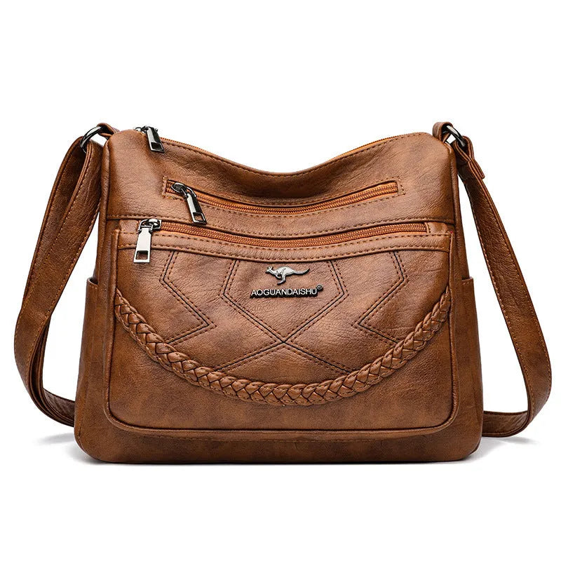 Soft PU leather shoulder bag with sandwich pocket and horizontal square design