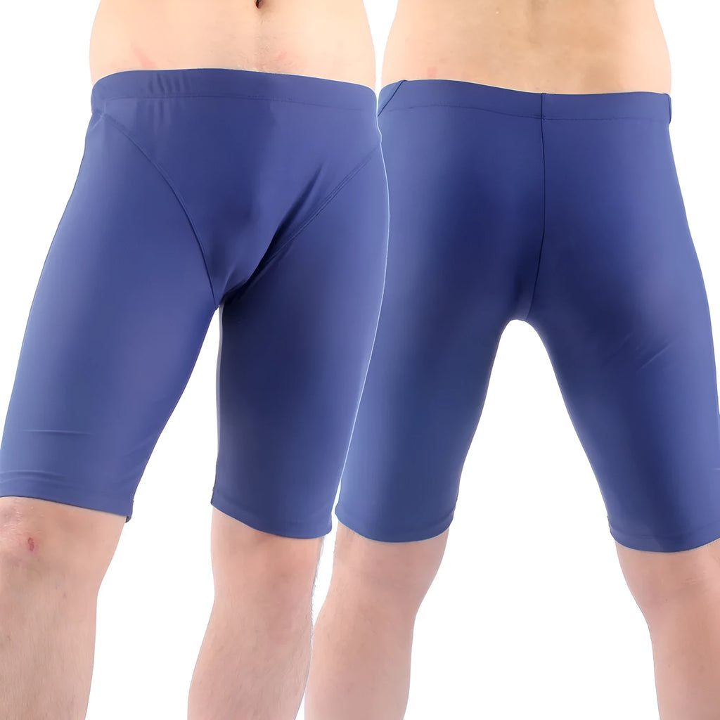 Men's quick-drying five-point swimming trunks in navy blue, loose fit with polyester lining, plus size L to XXXL
