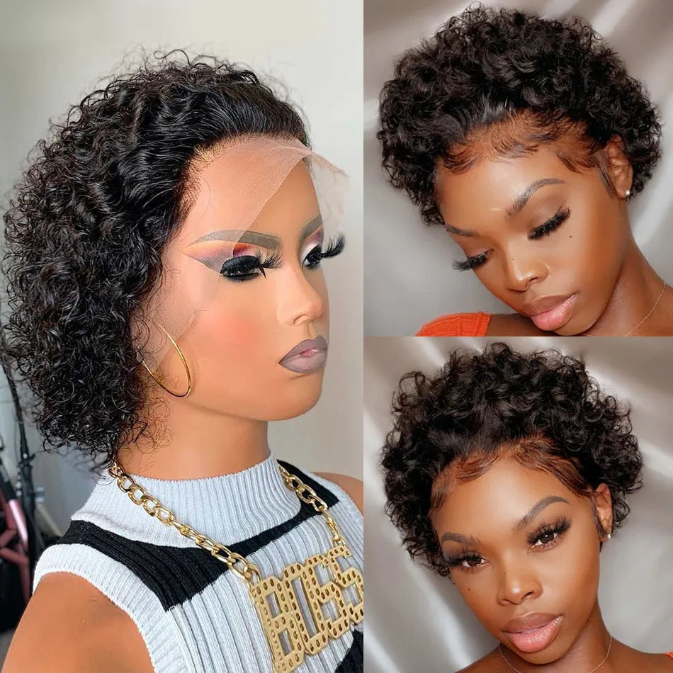Human hair lace front wig in 13x1 dark brown with pixie cut and black lace hair cover