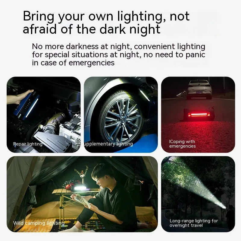 Portable car air pump with black ABS body, USB charging cable, and LED light on a dark surface