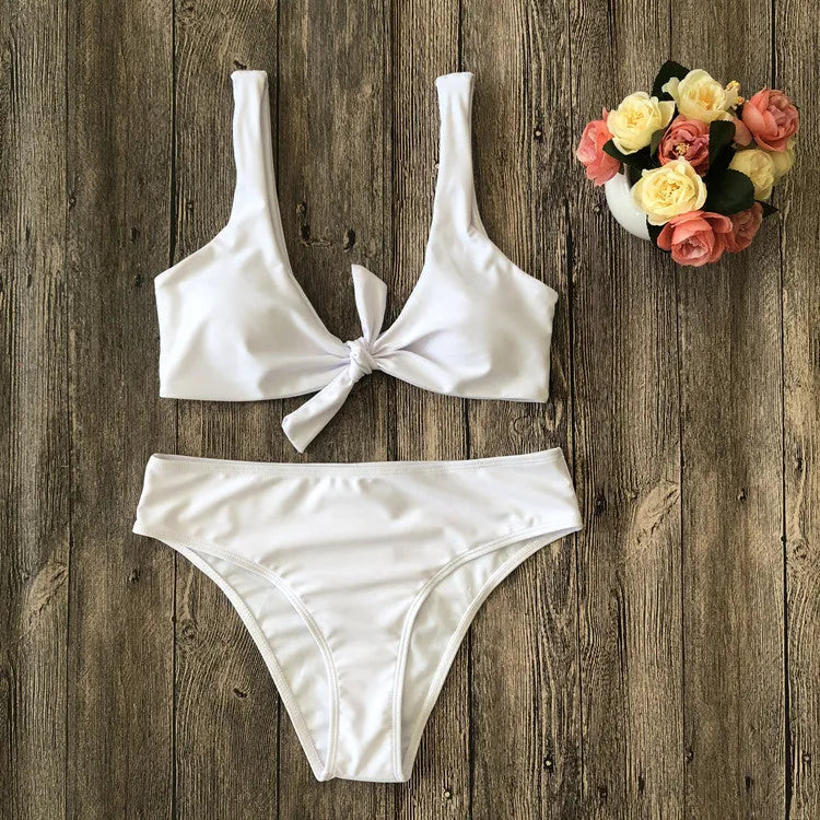 Solid colour bikini set on a hanger showing the bra and panties in a wine red shade.