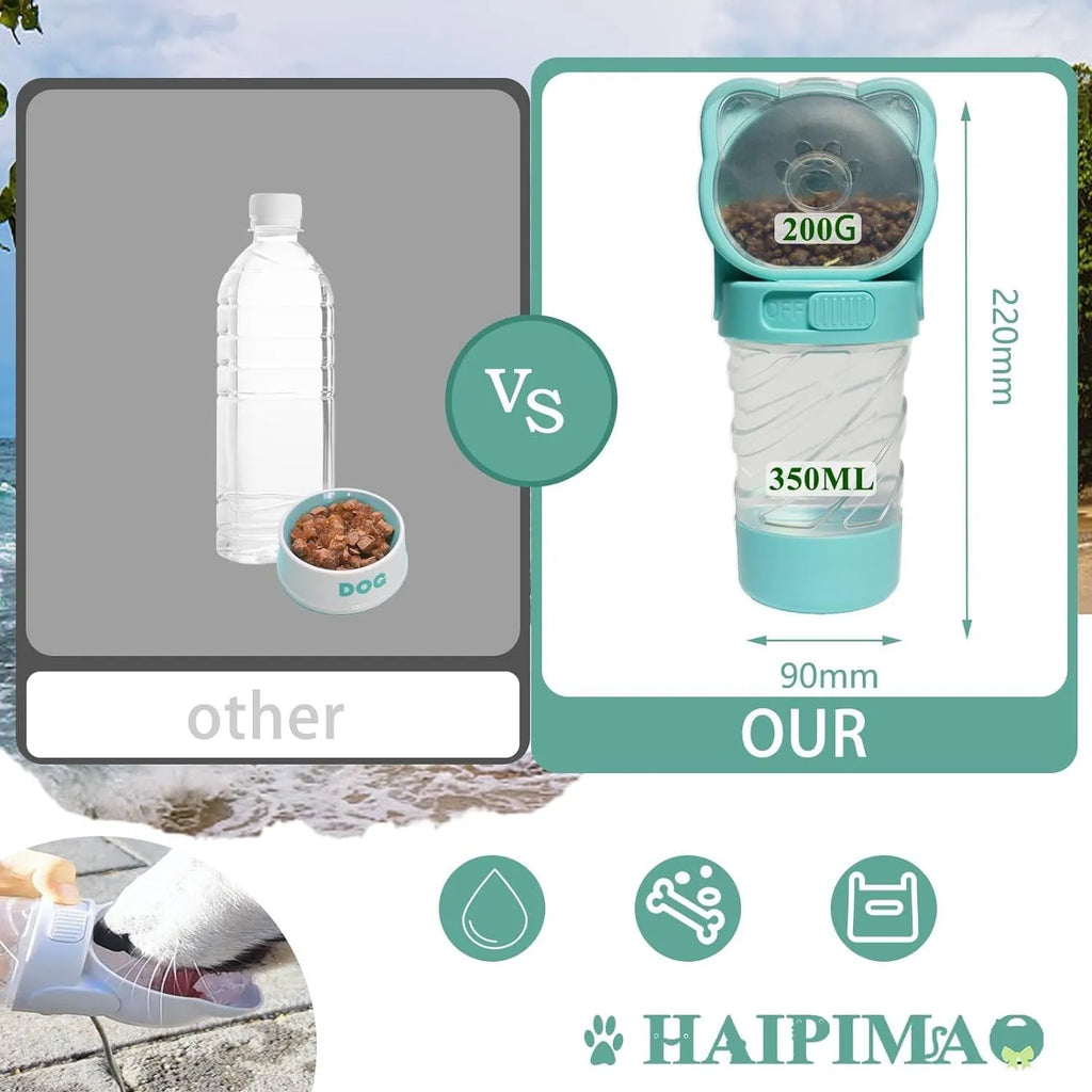 Green 3-in-1 portable pet water bottle with strap, showing water bowl, food container, and bag dispenser.