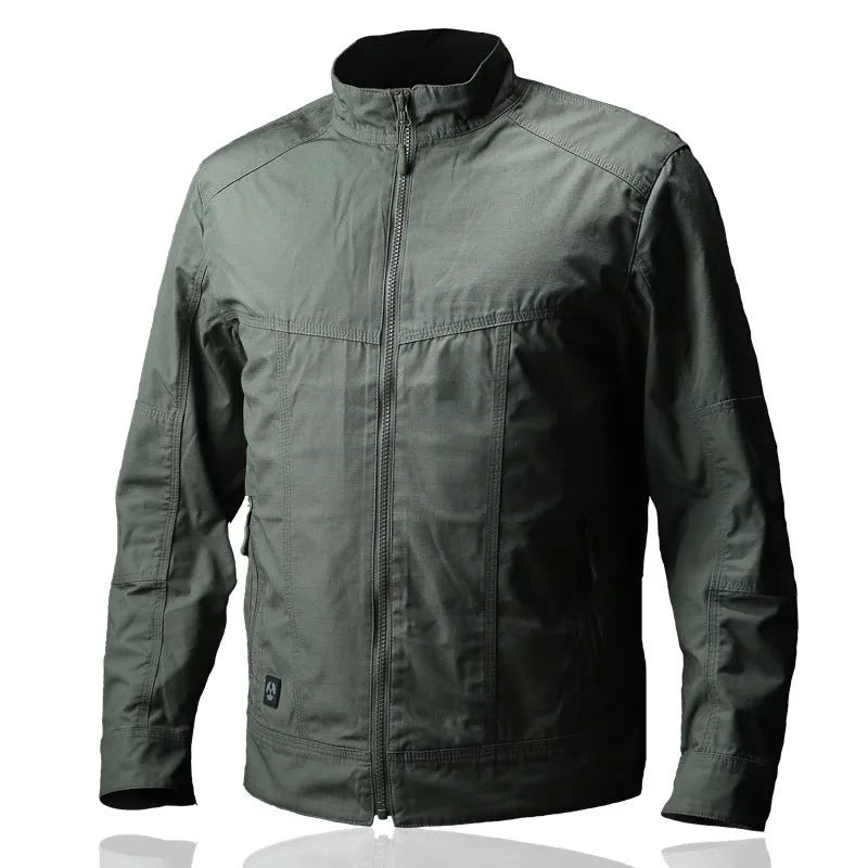 Men's brown polyester tactics assassin jacket with plaid pattern on a hanger.