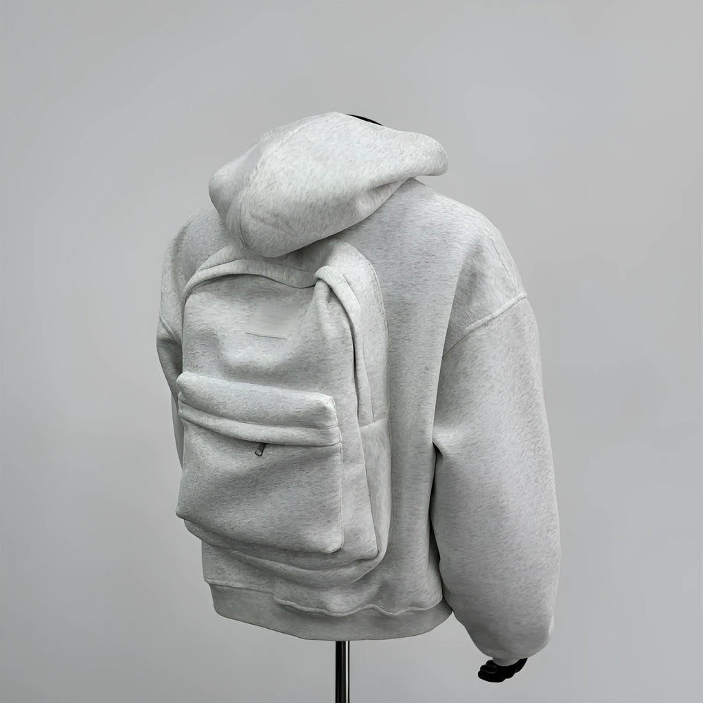 Men's back schoolbag design coat in light gray with hood and floral print, front view