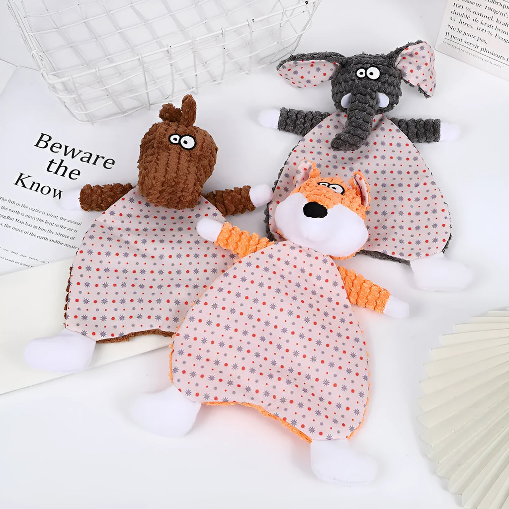 Brown velvet stuffed fox elephant pet toy with squeaky paper sound maker for cats and dogs.