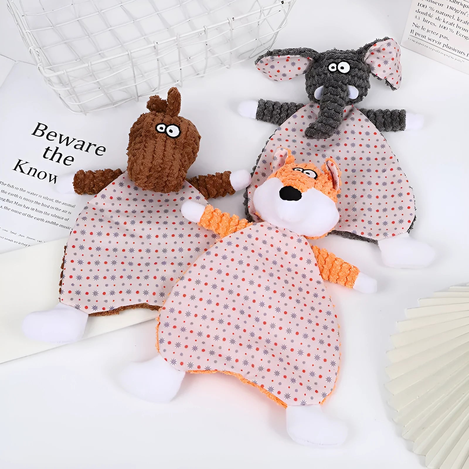 Brown velvet stuffed fox elephant pet toy with squeaky paper sound maker for cats and dogs.