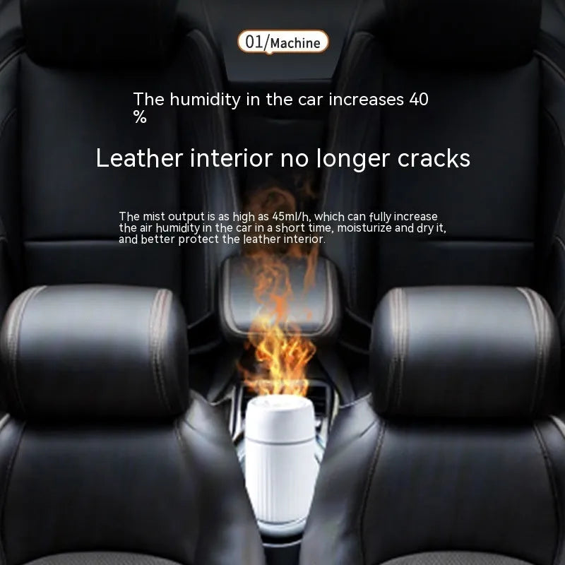 Car flame simulation aroma diffuser with automatic sprayer in black or white, showing dimensions 70×70×143mm