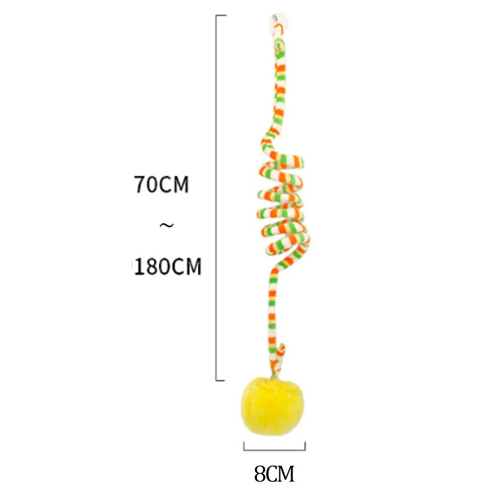 Kitten toy with hanging bell stick and inflatable ball attached by suction cup, available in blue, green, purple, red, or yellow