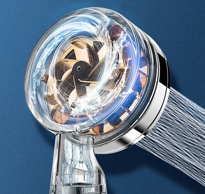 High pressure turbo shower head with ABS body, stainless steel panel, silicone nozzles, and one-key stop button