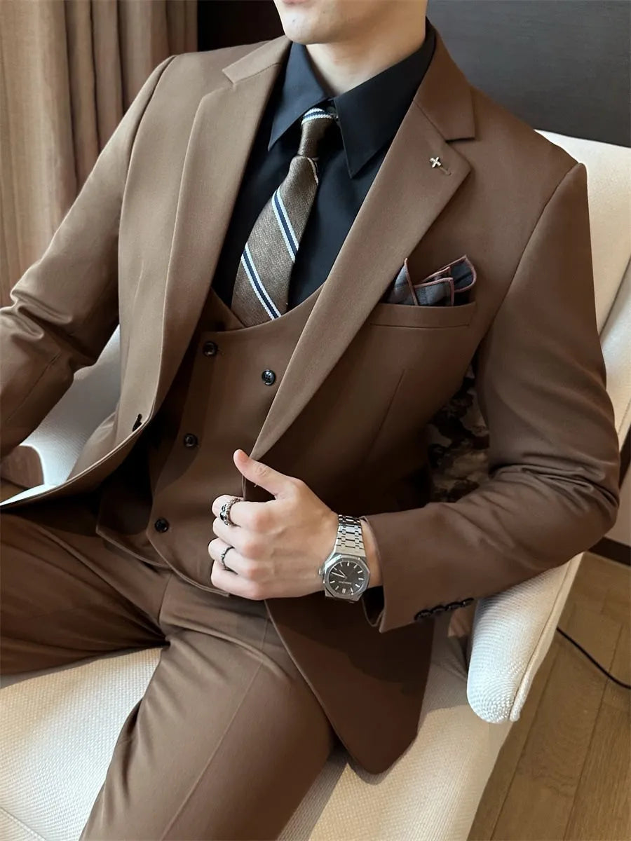 Men's slim fit business formal wear in chemical fibre blend fabric available in dark green, brown and camel colours