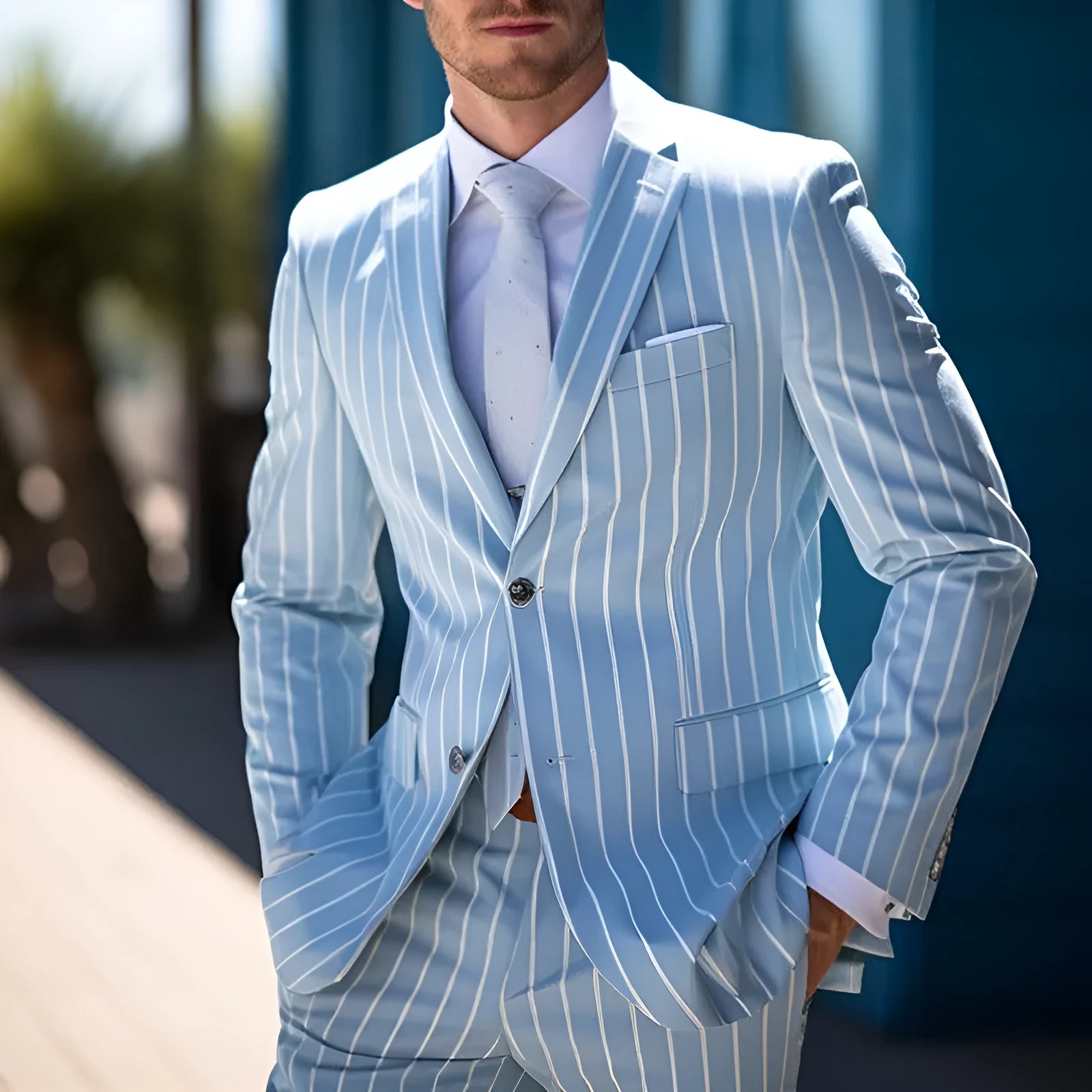 Men's blue British-style suit jacket with white buttons and straight hem design