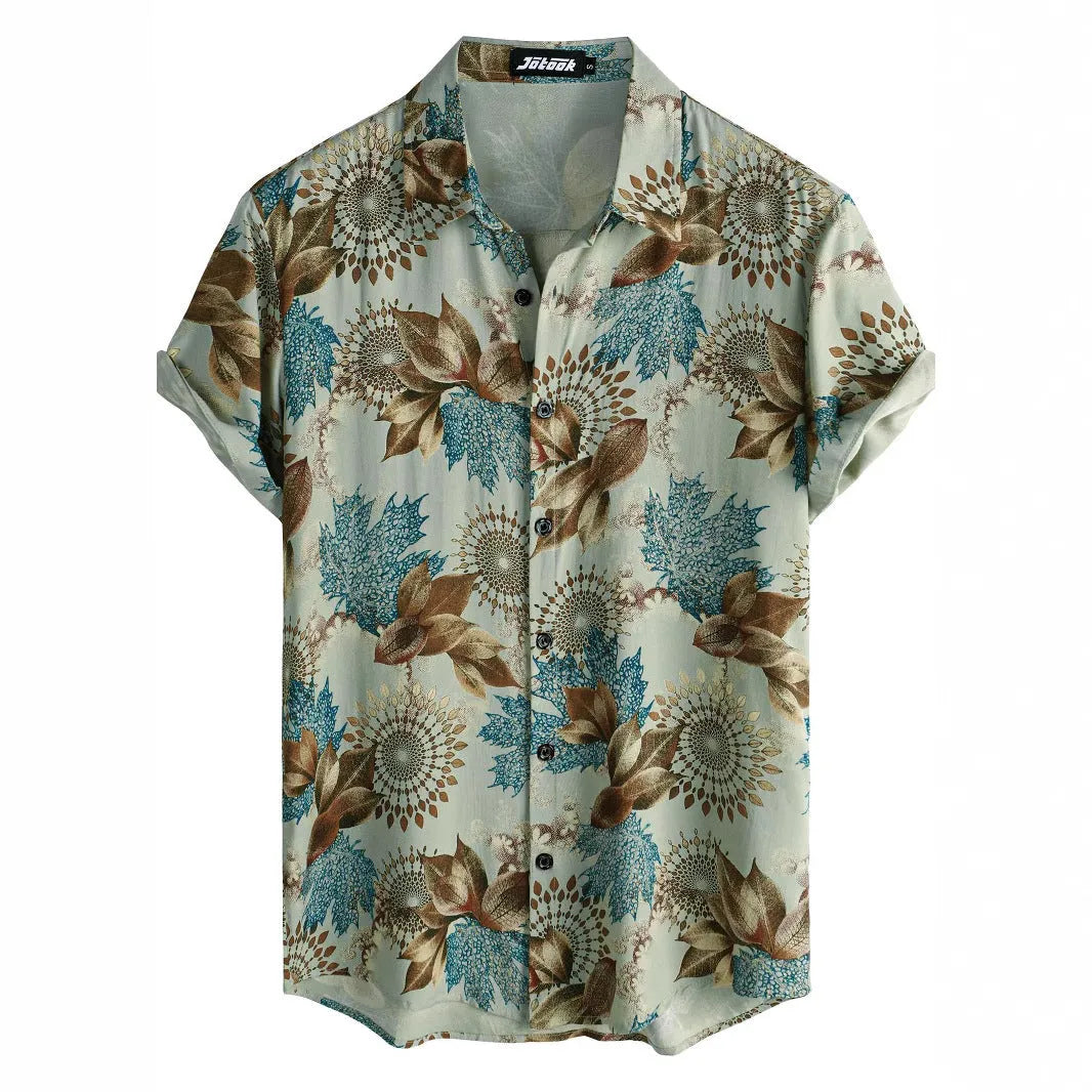 Hawaiian floral print short sleeve cardigan shirt with lapel collar in an elastic polyester fabric.