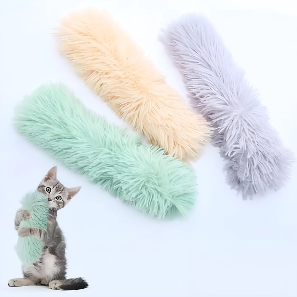 Four colourful interactive cat toys with crinkle sound and catnip filling on a soft surface