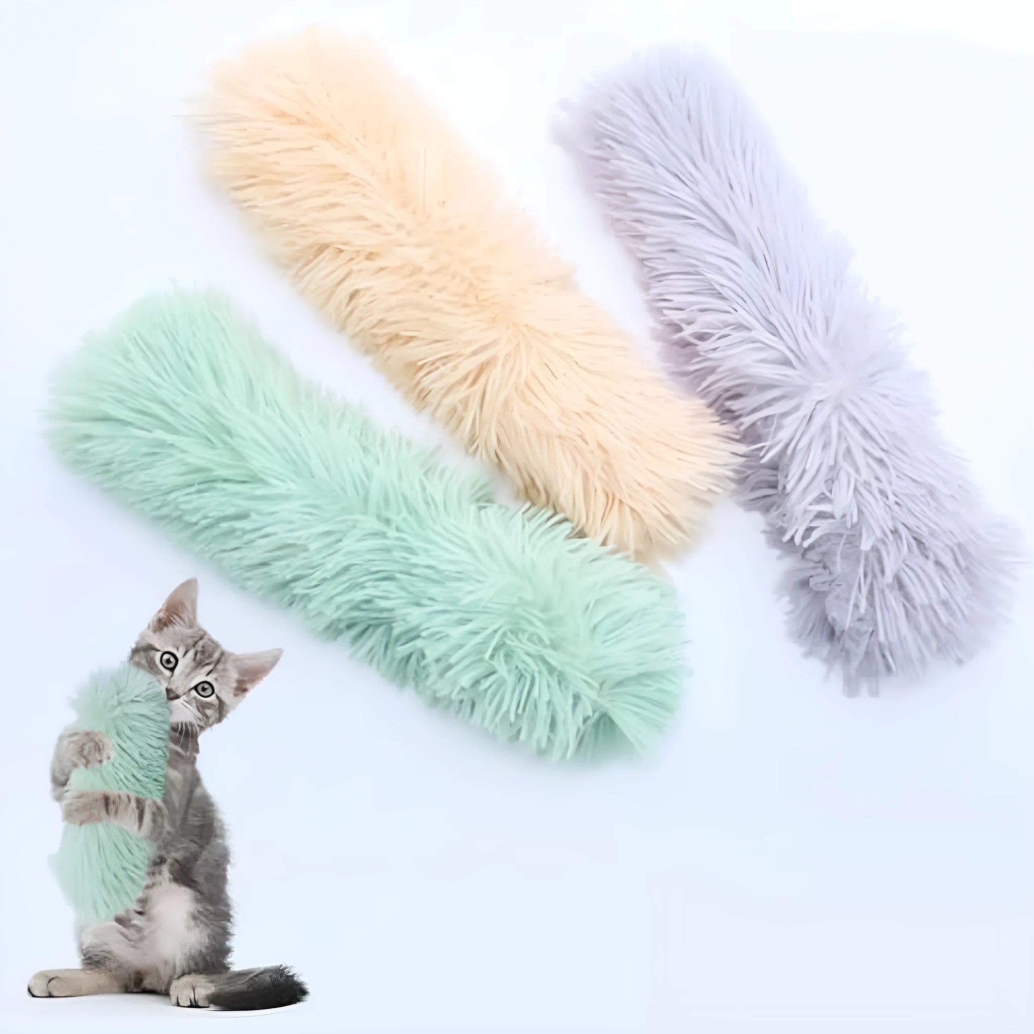 Four colourful interactive cat toys with crinkle sound and catnip filling on a soft surface