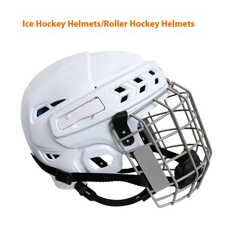 Ice hockey helmet with a carbon steel face mask and black impact-resistant shell.