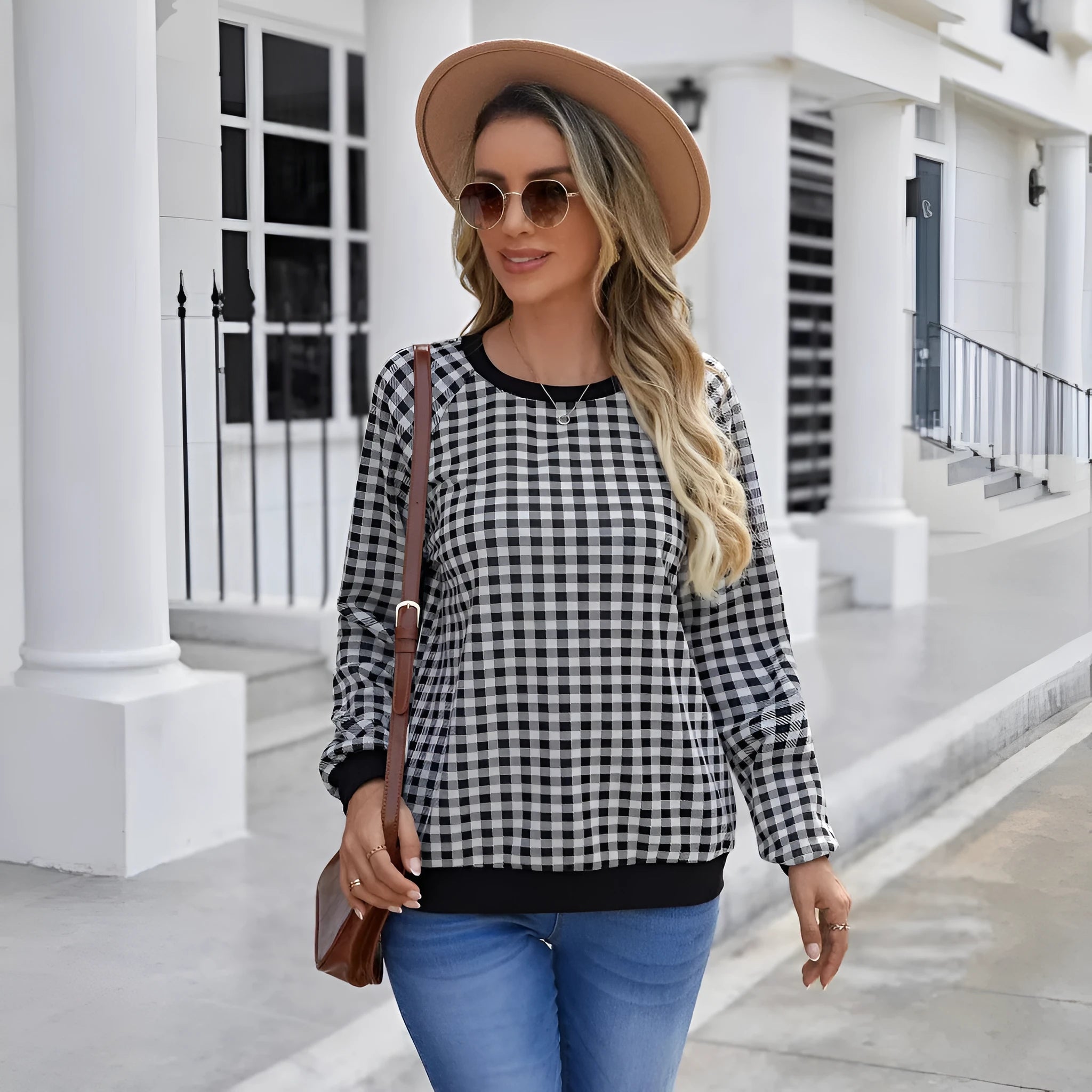 Black Japanese sweet plaid striped pullover sweater with long sleeves