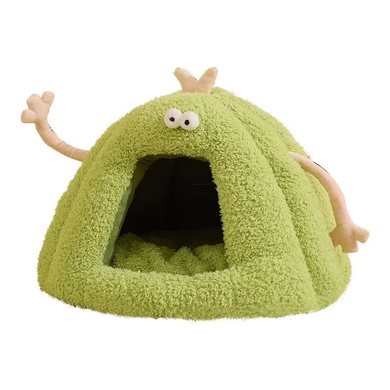 Small monster-shaped semi-enclosed cat kennel in yellow, made from PP cotton and bubble velvet