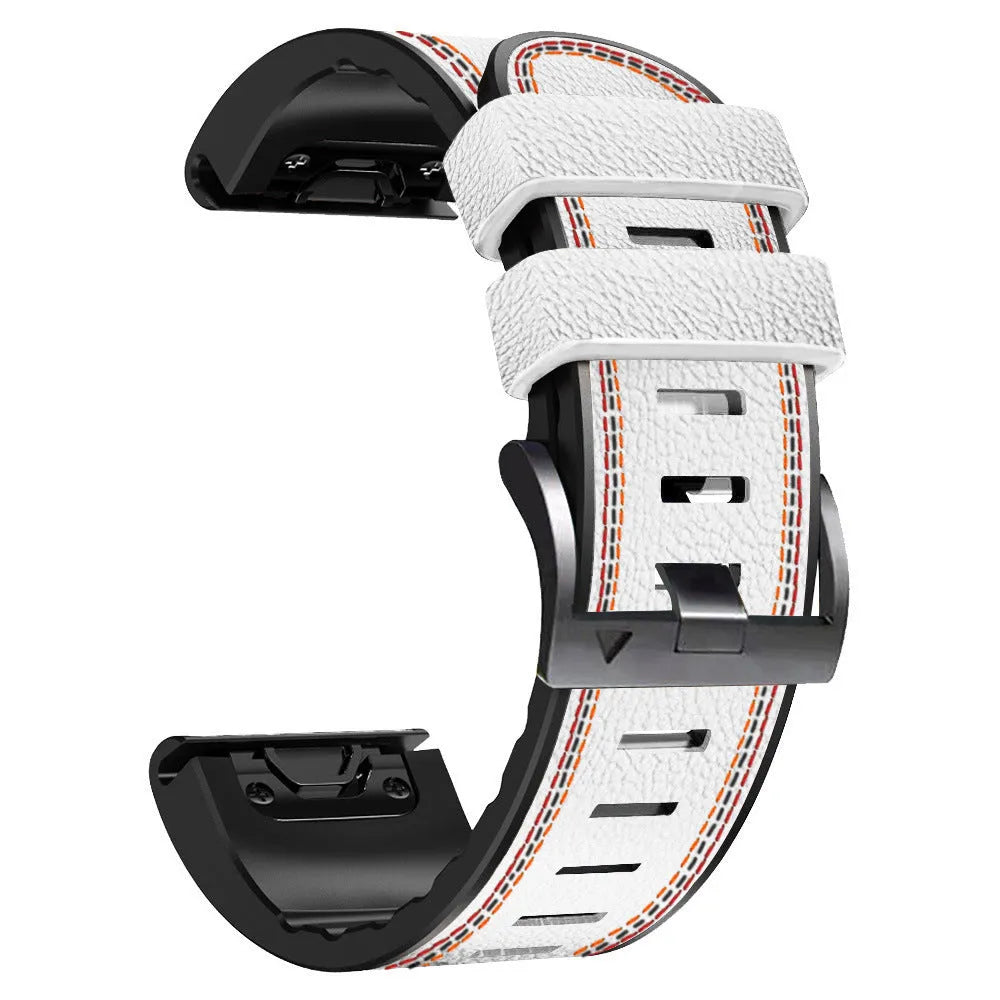 Silicone leather quick release watchband for Garmin Fenix smartwatch in black, shown alongside brown and white colour options.