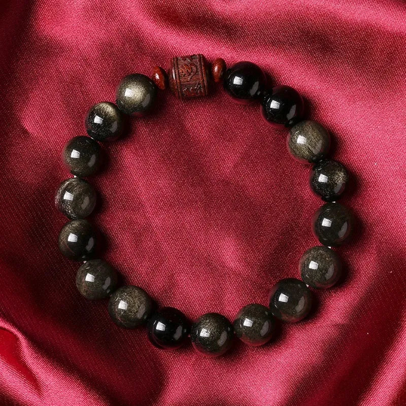 Unisex Golden Obsidian bracelet with 10mm round hand-woven beads in retro national style