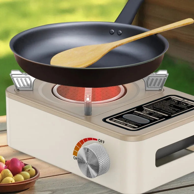 White portable infrared gas stove with no open flame, windproof heat gathering design for outdoor camping