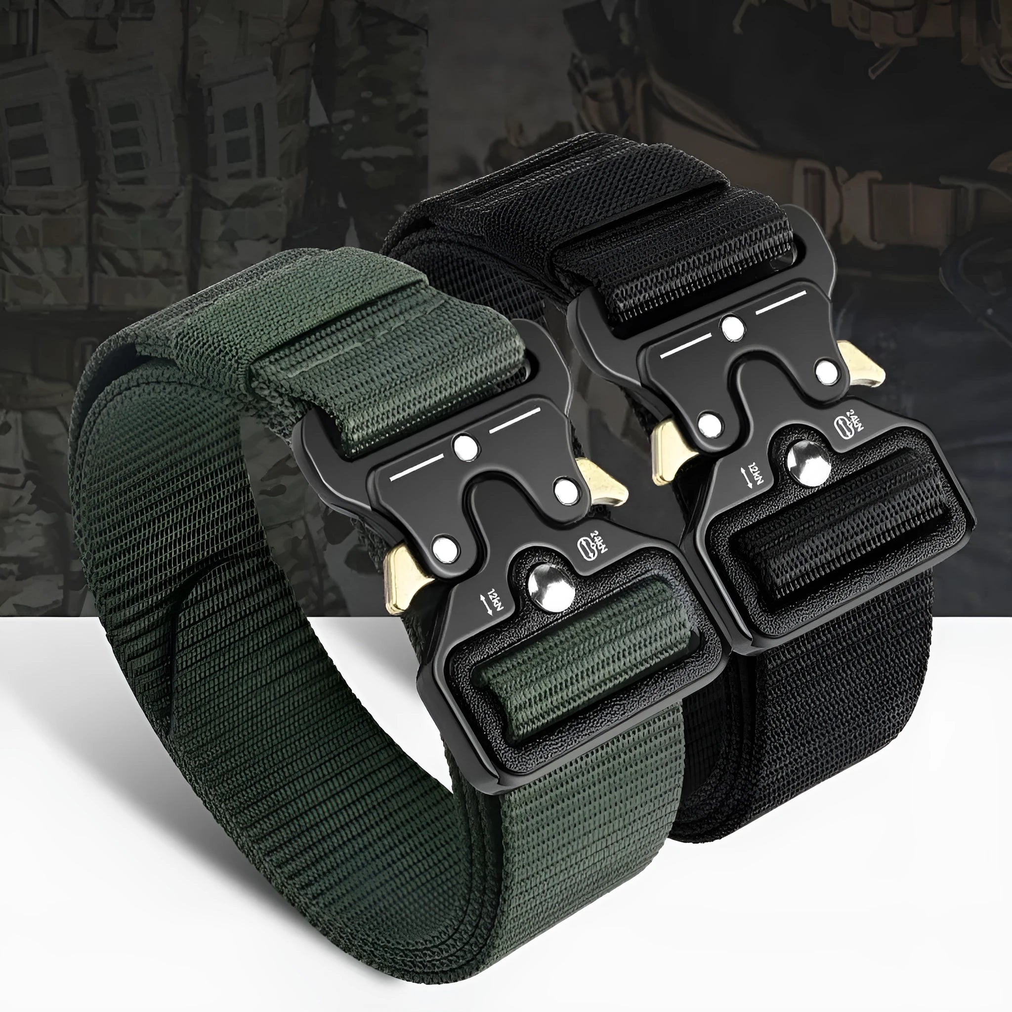Men's thick canvas tactical belt with alloy buckle in multiple colour options showing release mechanism