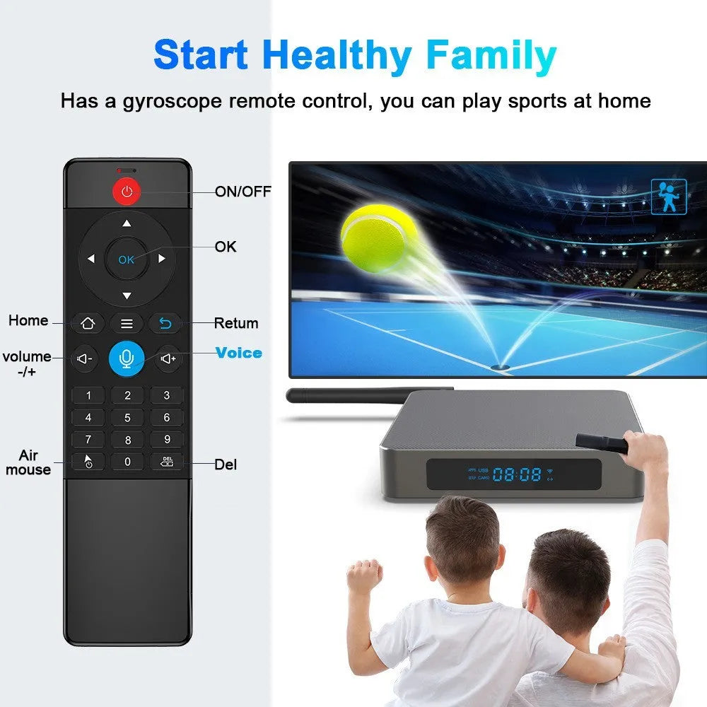 Square black Android TV set-top box with HDMI port and remote control on a wooden surface