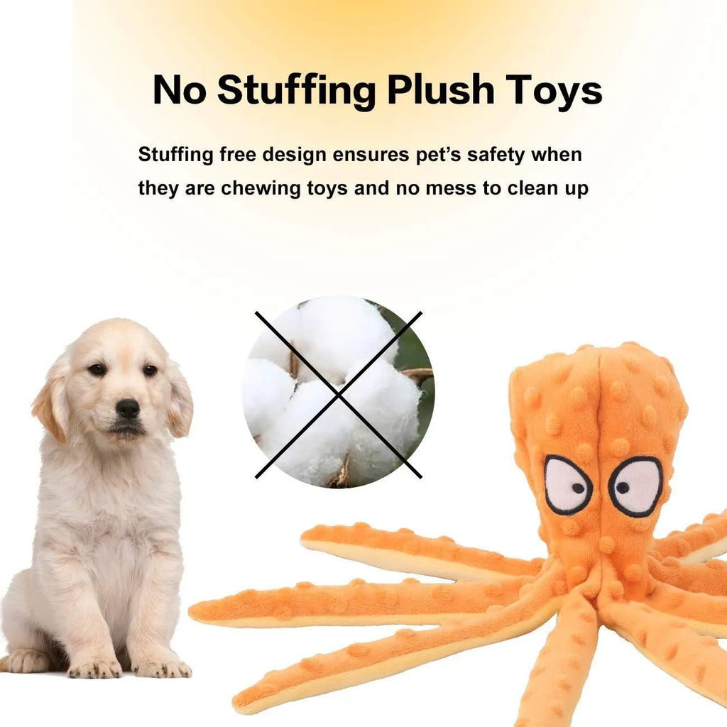 Blue octopus plush dog toy with no stuffing, featuring crinkle paper and squeaker sounds for interactive chew play.