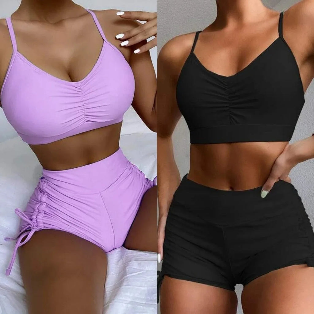 Women's solid purple high-waisted split swimsuit bikini with sleeveless design for swimming and surfing
