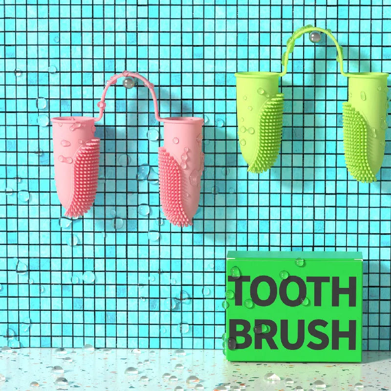 Pet tooth cleaning finger set with double finger TPR toothbrush in pink, blue green, and grass yellow