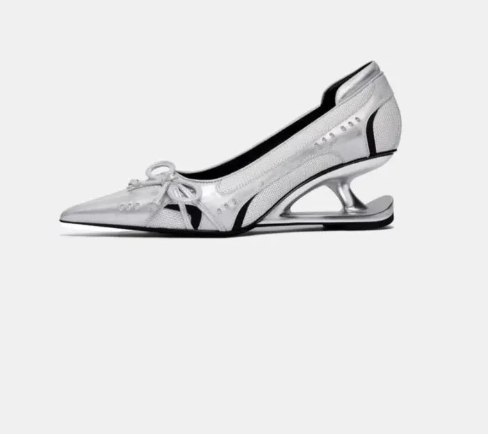 Women's black pointed toe Mary Jane high heels with special-shaped floating heel and shallow opening