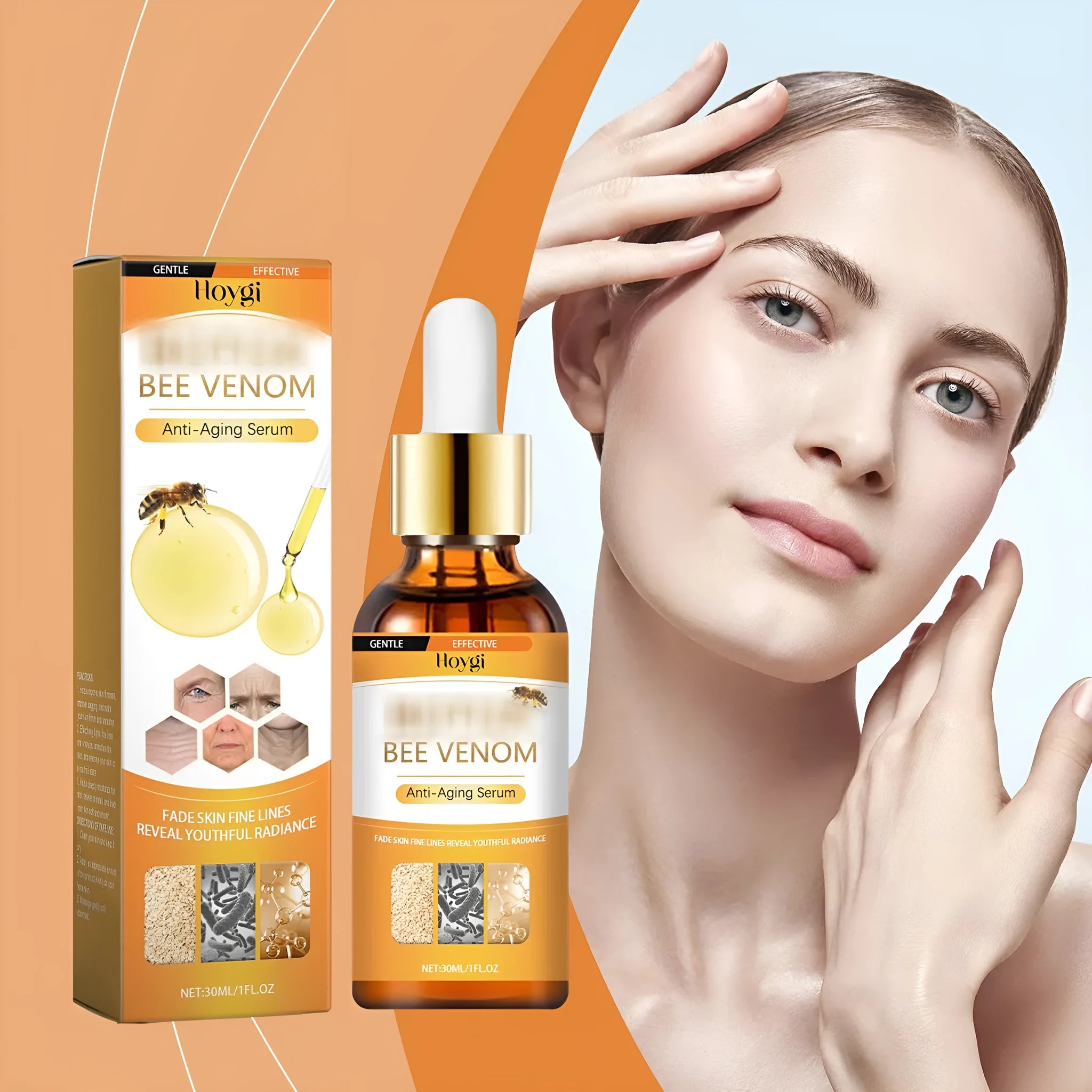 Anti-Aging Liquid Face Serum 30ml bottle with active ingredients hyaluronic acid, bee venom, botox