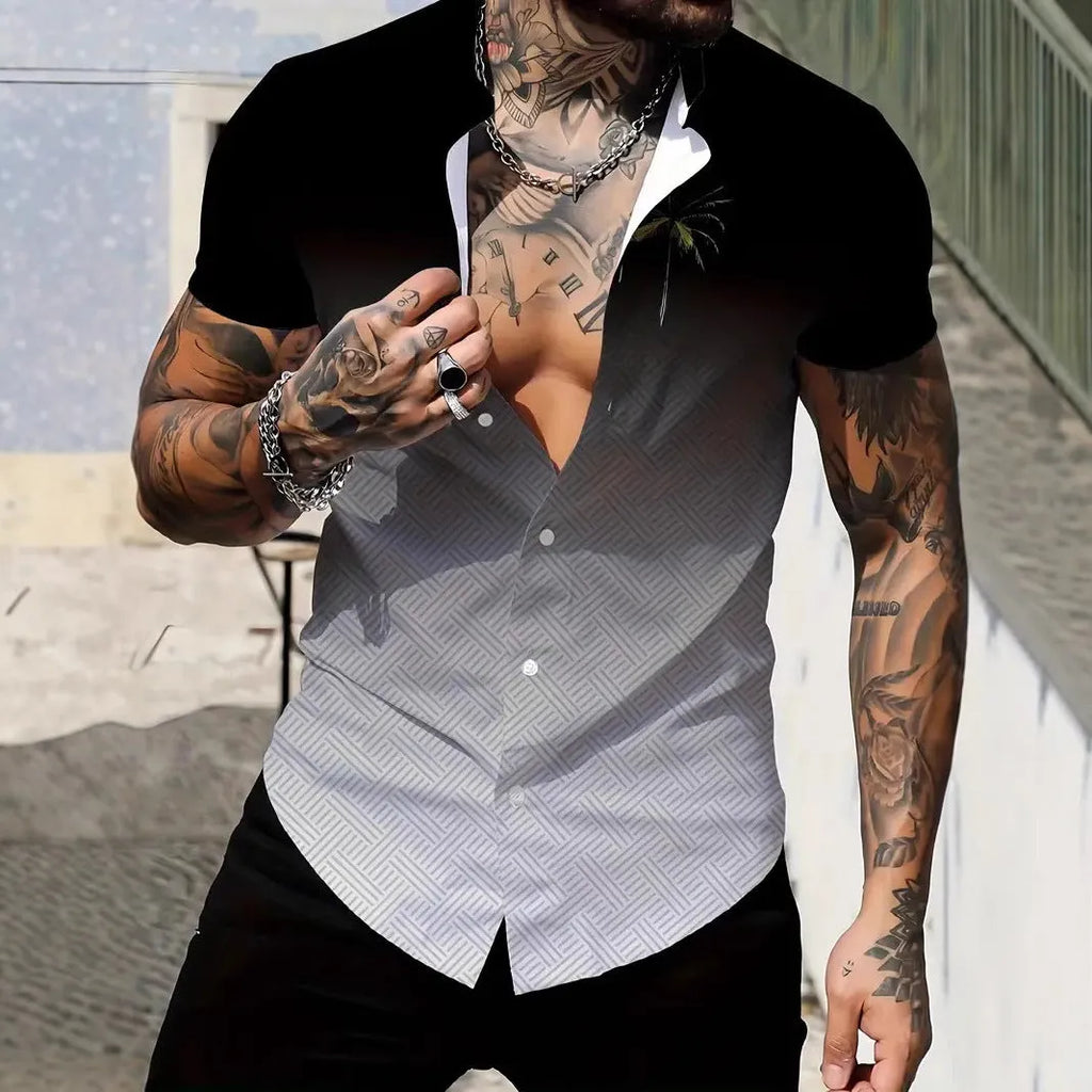 Men's slim fit geometric print short sleeve cardigan shirt on a hanger.