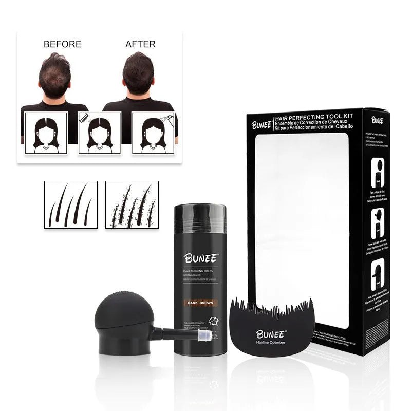 Dense hair fibre powder three-piece set with canister, spray bottle and comb for hair thickening