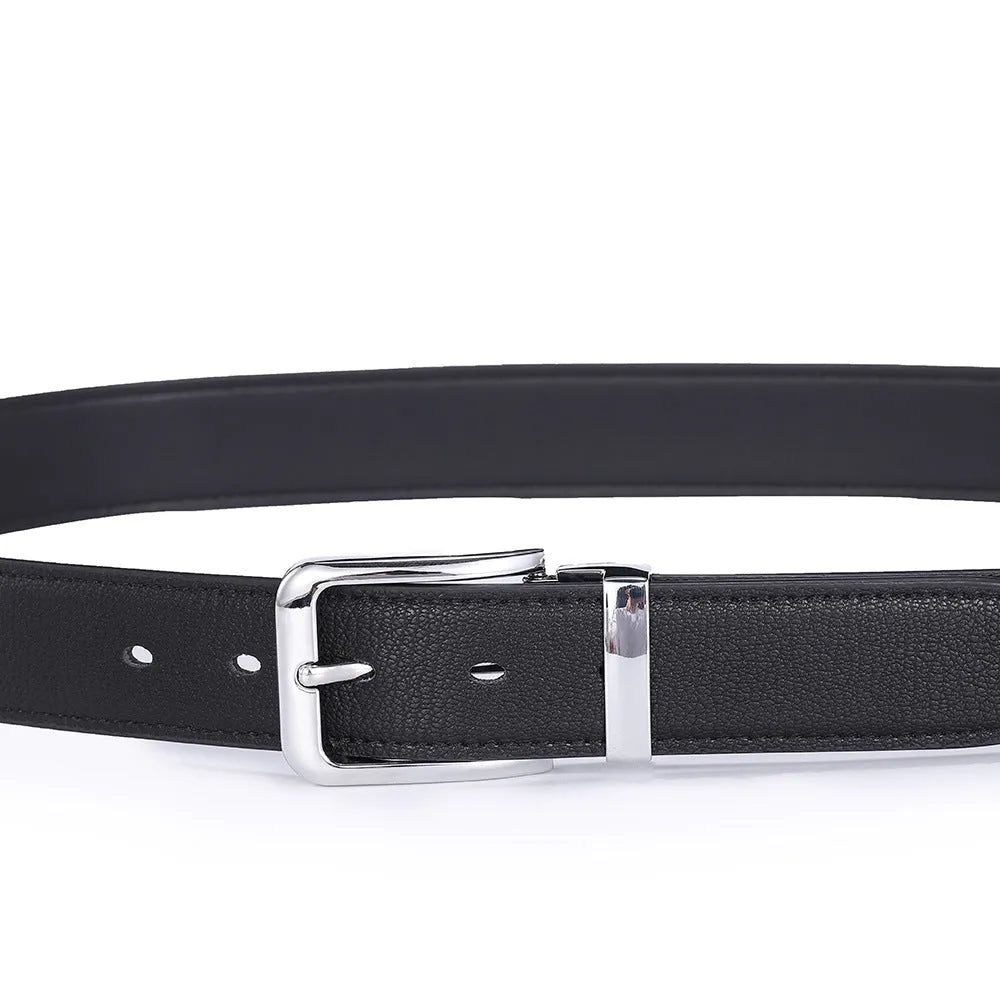 Men's genuine leather belt with alloy pin buckle and embossed water drop pattern on a flat surface