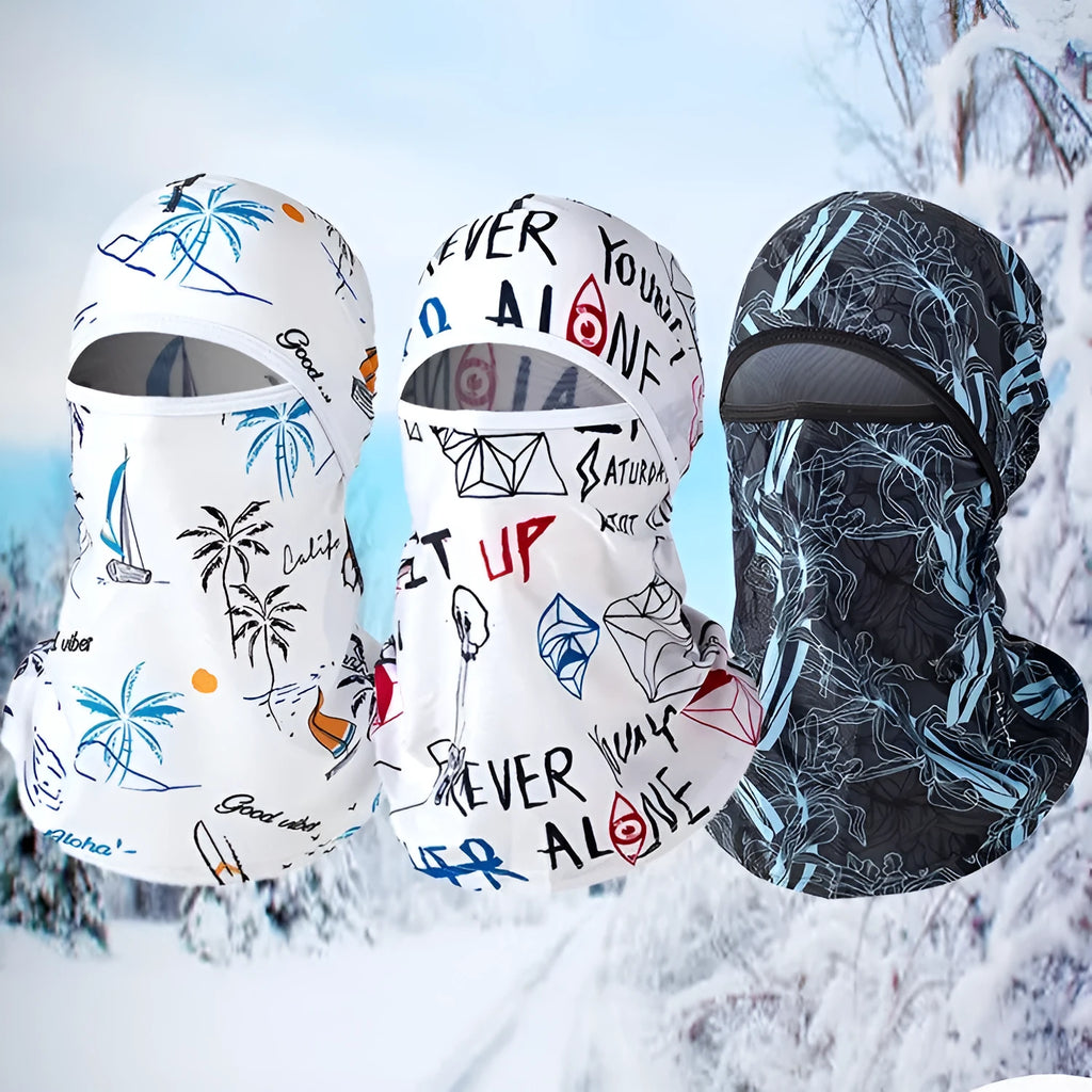 Cotton motorcycle head cover with dome cap design shown in multiple colour options including patterned variations.