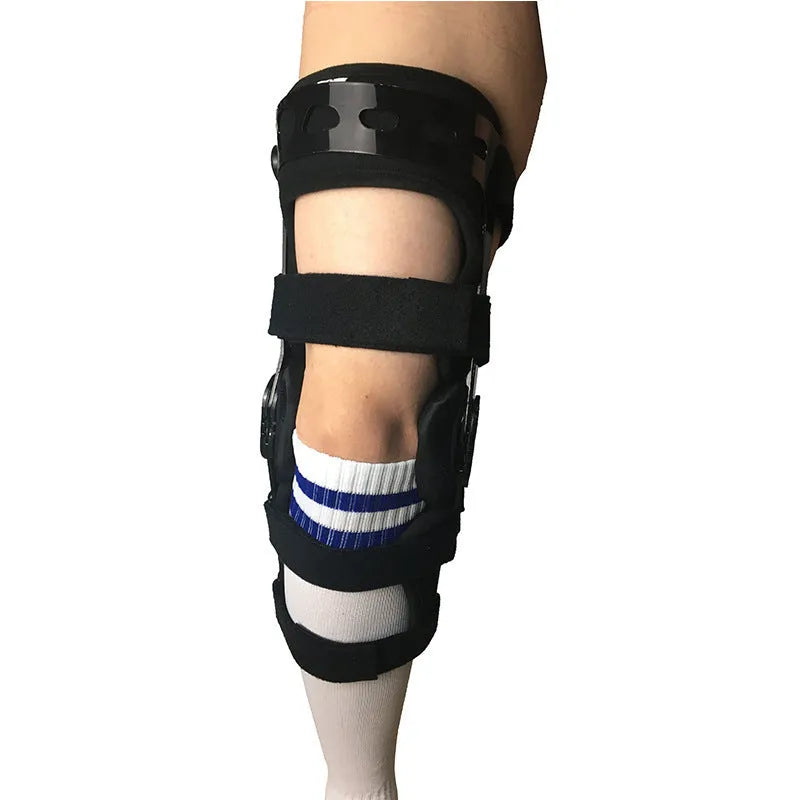Black anterior ligament knee support brace showing composite construction with iron and cloth materials.