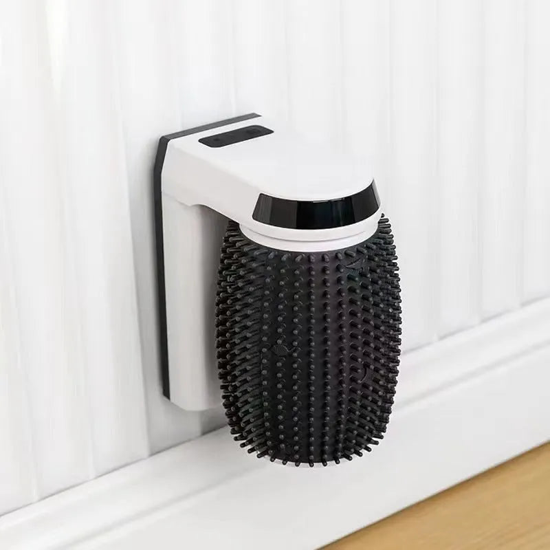 White automatic cat self groomer wall corner brush with ABS frame and silicone bristles, 133 x 96 x 160mm