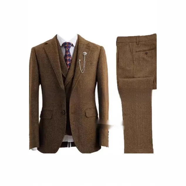 New men's casual three-piece suit in slim fit nylon fabric in brown colour