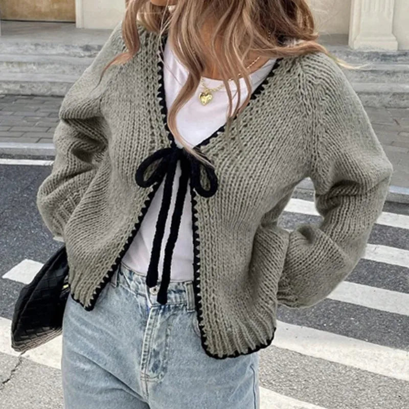 Lace-up cardigan with crocheted flowers in solid colour polyester, loose long sleeves