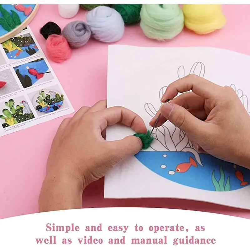 Round linen embroidery kit with wool felt, three-dimensional blanket painting, flowers grass leaves pattern, 20x20 cm, free frame included.