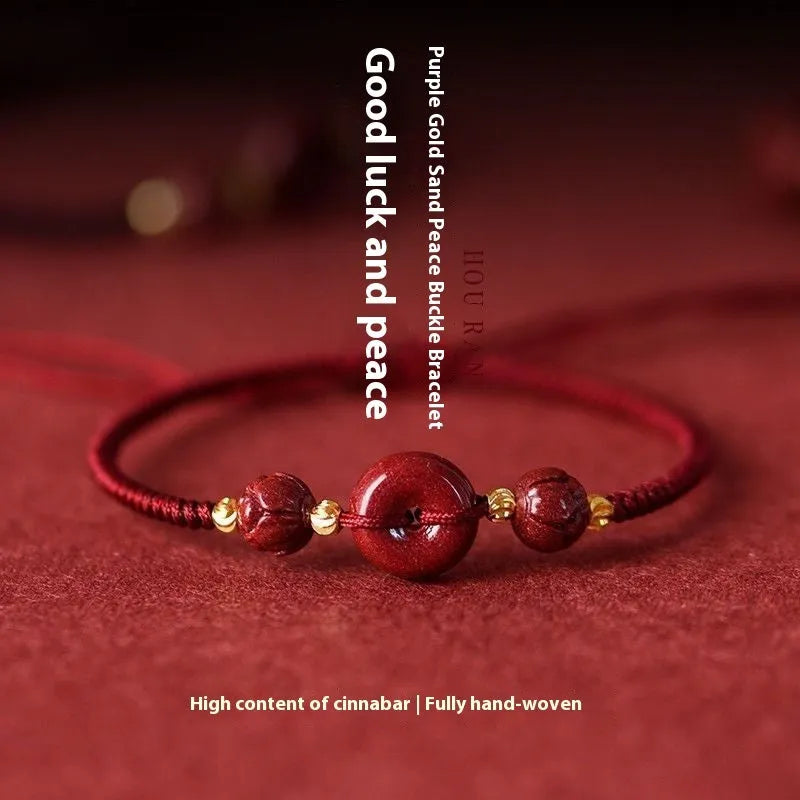 Cinnabar safety buckle bracelet with heart-shaped natural stone and adjustable rope in simple style coffee colour