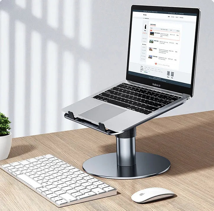 Silver adjustable car laptop stand with height adjustment and rotating base on vehicle seat