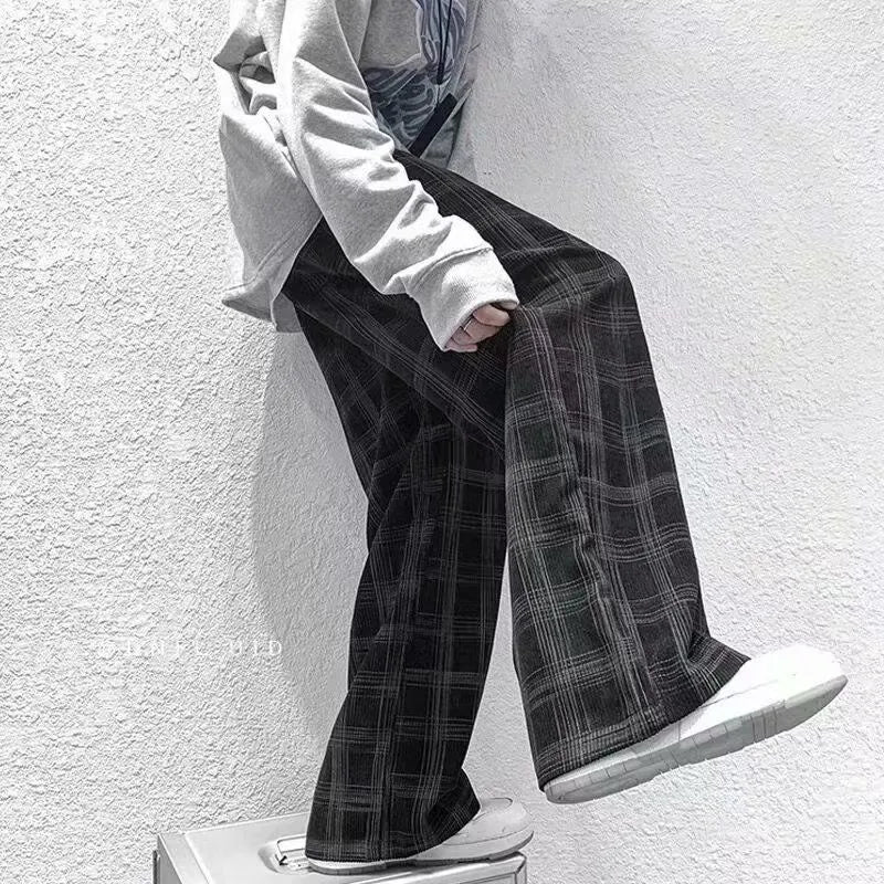 Japanese retro loose straight plaid trousers in black and green, mid waist, polyester fibre, sizes S to 3XL