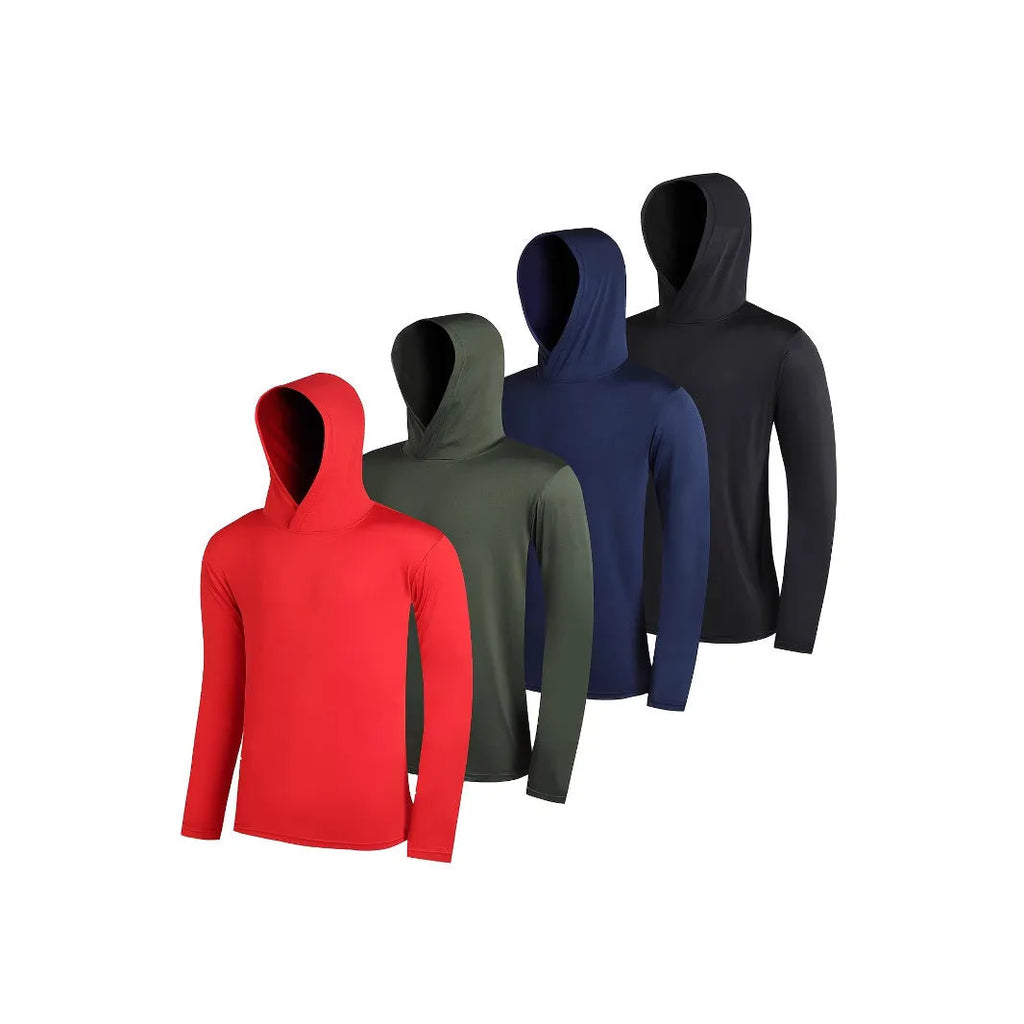 Set of four men's lightweight polyester hoodies in various colours, some with hats.