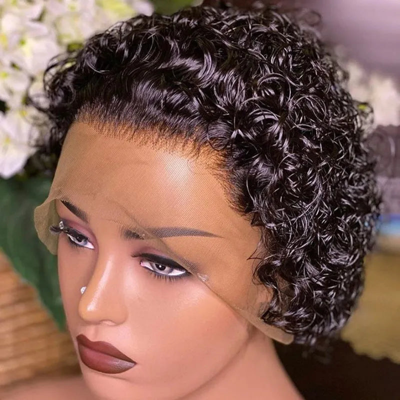 Human hair lace front wig in 13x1 dark brown with pixie cut and black lace hair cover