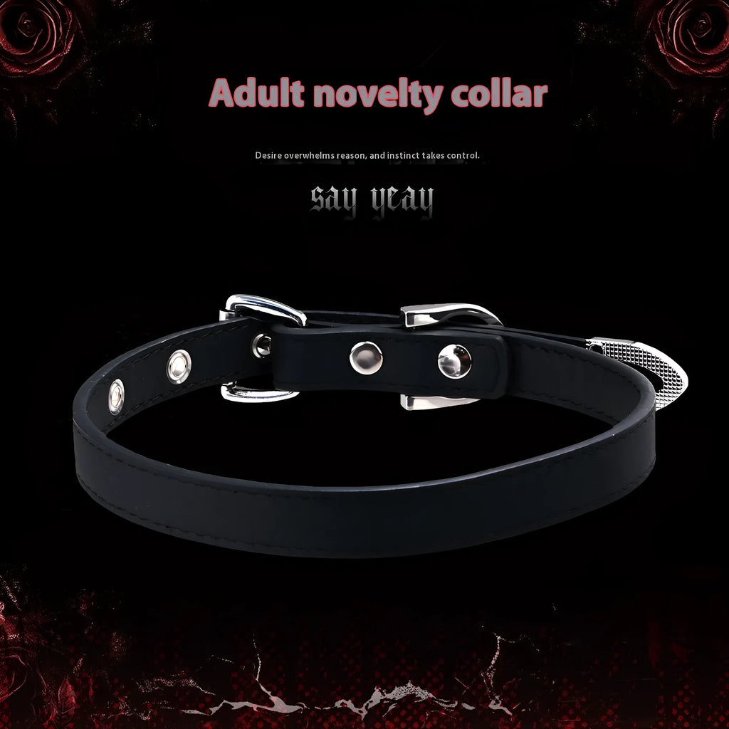 Black genuine leather subculture collar with alloy geometric pendant on dark background