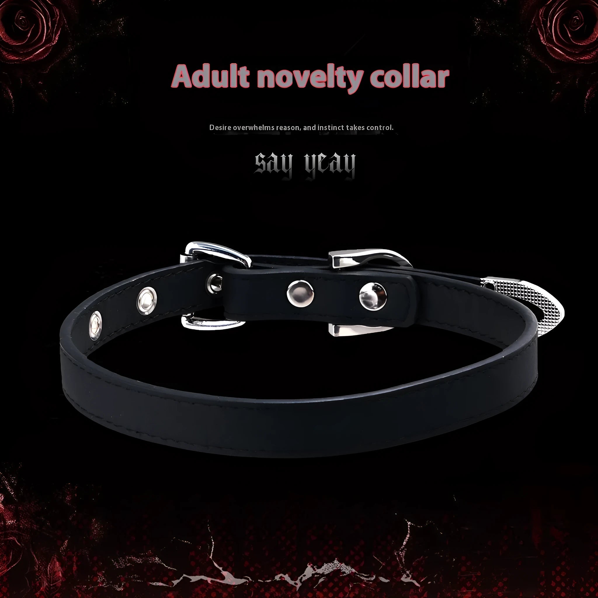 Black genuine leather subculture collar with alloy geometric pendant on dark background